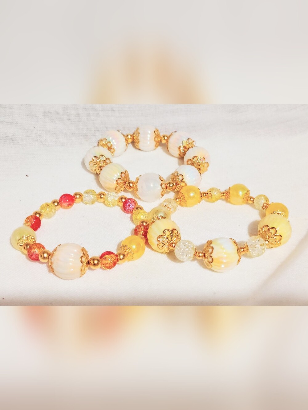 Handmade Bracelet One Of A Kind. Yellow Red Premium Glass/Acrylic Lot Of 3 7''